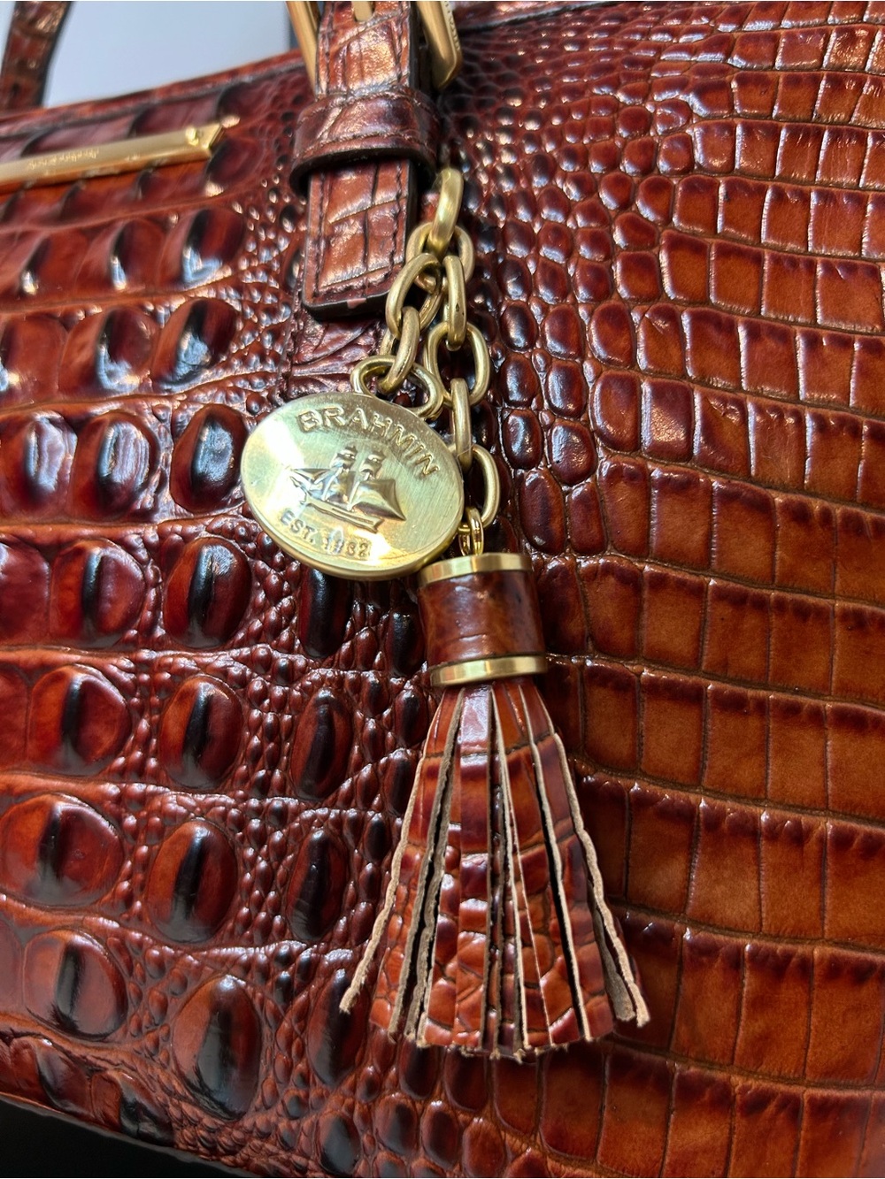 Brahmin Mini Asher Pecan Melbourne Croc Leather Satchel Authenticated - Picture 3 of 11